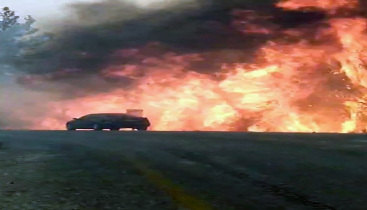 Orman yangınında araç alevlerin arasında kadı