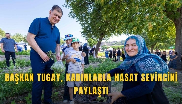 Başkan Tugay kadın üreticilerle hasat yaptı